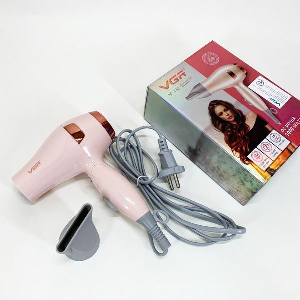 Фен для волосся дорожній VGR V-432 PINK, з концентратором 1000 Вт, іонізація та 2 режими. Колір: рожевий 00014959 фото