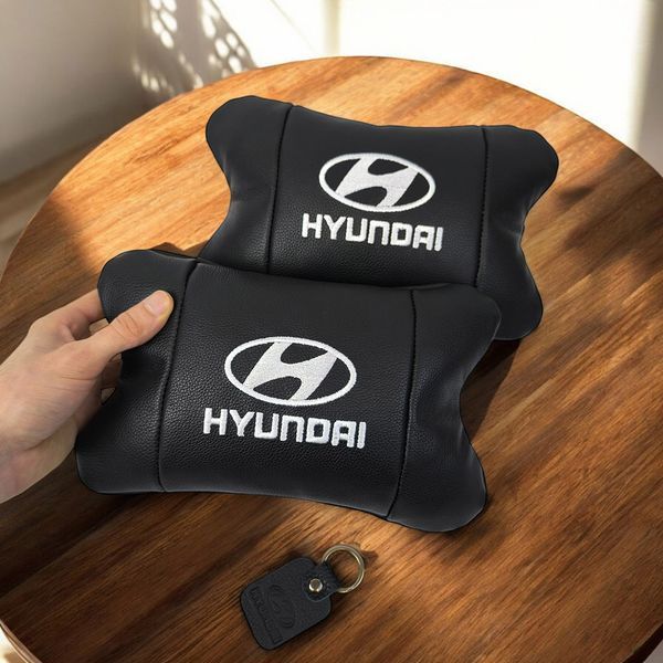 Набір подушок для авто Hyundai 2шт, натуральна шкіра, чорний колір, комфортні підголовники в автомобіль 00016805 фото