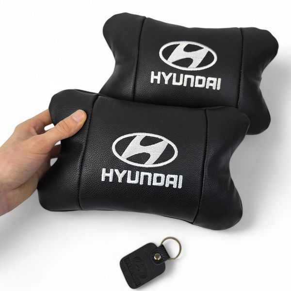 Набір подушок для авто Hyundai 2шт, натуральна шкіра, чорний колір, комфортні підголовники в автомобіль 00016805 фото