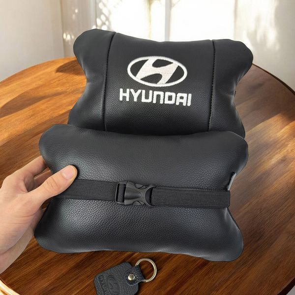Набір подушок для авто Hyundai 2шт, натуральна шкіра, чорний колір, комфортні підголовники в автомобіль 00016805 фото