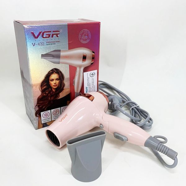 Фен для волосся дорожній VGR V-432 PINK, з концентратором 1000 Вт, іонізація та 2 режими. Колір: рожевий 00014959 фото