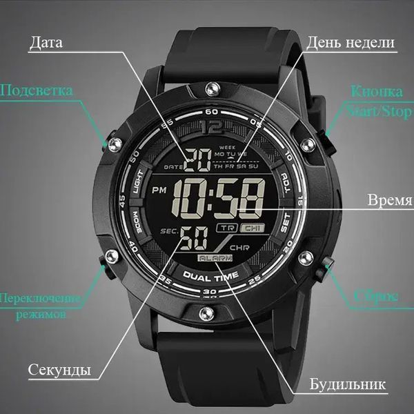 Часы наручные мужские SKMEI 1762BK BLACK, Мужские армейские водостойкие тактические часы. Цвет: черный 00022482 фото