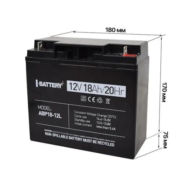 Акумулятор 12В 18 Ач для ДБЖ I-Battery ABP18-12L 00024689 фото