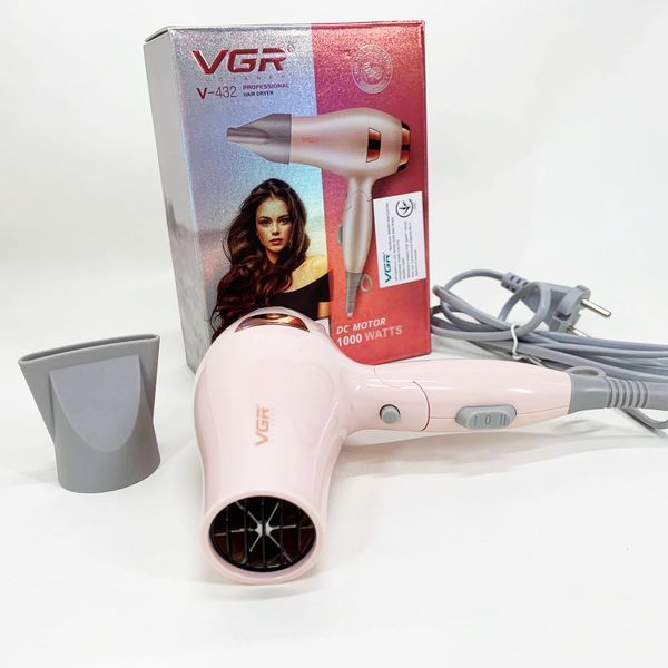 Фен для волосся дорожній VGR V-432 PINK, з концентратором 1000 Вт, іонізація та 2 режими. Колір: рожевий 00014959 фото