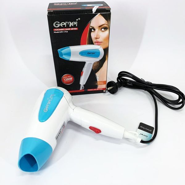 Фен для волосся складаний дорожній Gemei GM-1756 1200 Вт. Колір: блакитний 00014526 фото
