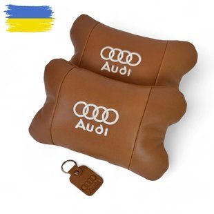 Набор из двух подушек на подголовник Audi, из натуральной коричневой кожи, Подарок мужчине водителю 00016731 фото