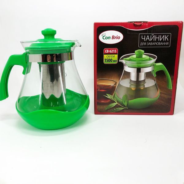Чайник заварювальний Con Brio Green CB-6215 1,5 л, Чайник самовар скляний. Колір: зелений 00019113 фото
