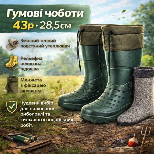 Сапоги резиновые высокие мужские 43р 28,5см утепленные, Активные мужские сапоги для рыбалки 00023982 фото
