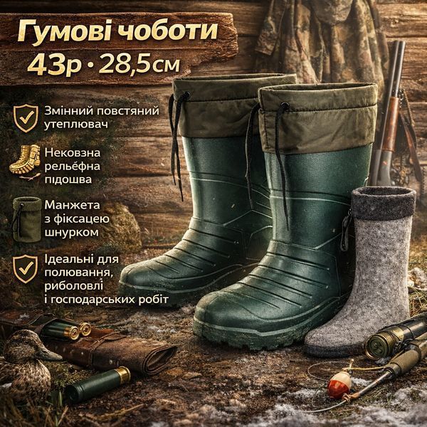Сапоги резиновые высокие мужские 43р 28,5см утепленные, Активные мужские сапоги для рыбалки 00023982 фото