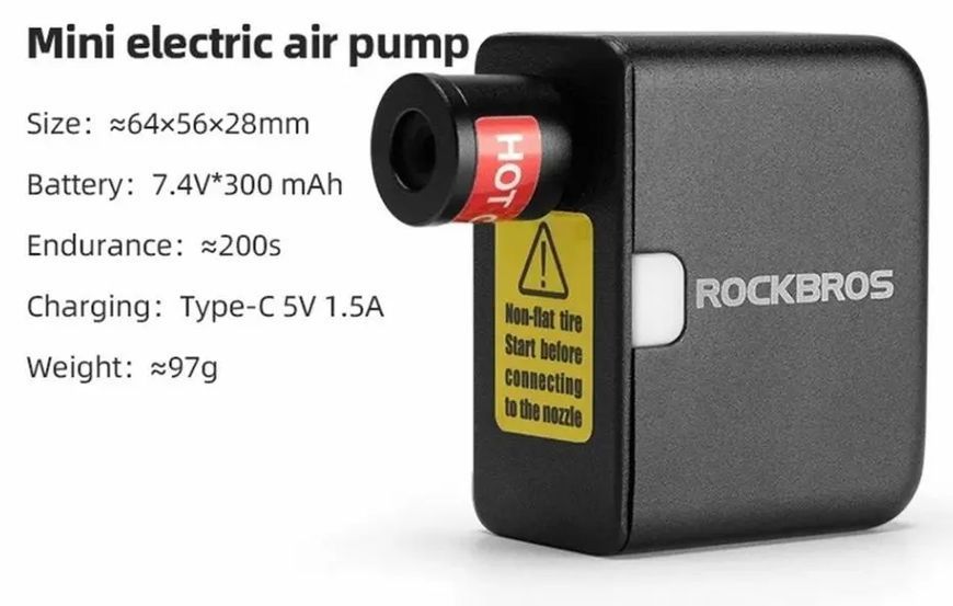 Портативный электрический насос ROCKBROS AS1 Mini с высоким давлением, с наконечником для вентиля FV/AV, для дорожных и горных велосипедов 00017001 фото