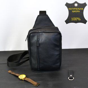 Сумка мужская - кожаная, нагрудная сумка слинг кожаная черная на 3 кармана, мужская сумка на грудь 00018442 фото