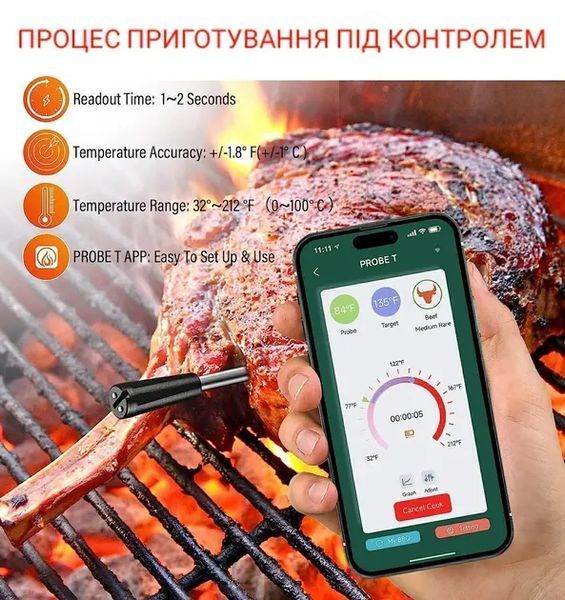 Цифровий Bluetooth термометр з керуванням через телефон, для м'яса, гриля та духовки 00020786 фото