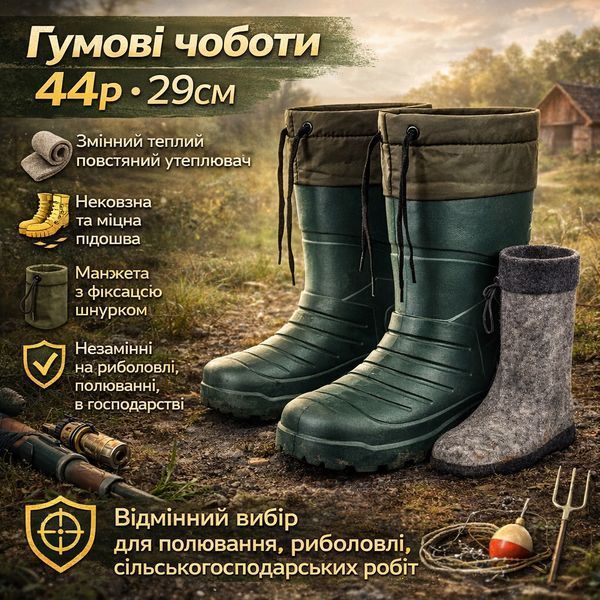 Чоботи гумові високі чоловічі 44р 29см утеплені, Гумові чоботи чоловічі для риболовлі 00023983 фото