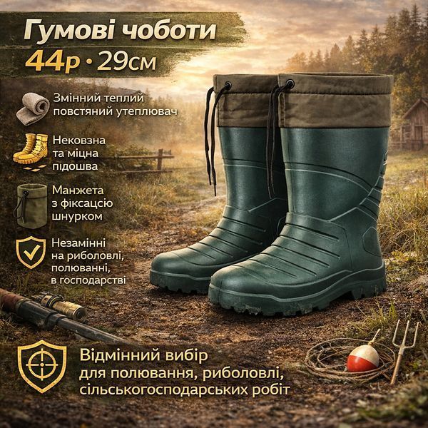 Чоботи гумові високі чоловічі 44р 29см утеплені, Гумові чоботи чоловічі для риболовлі 00023983 фото