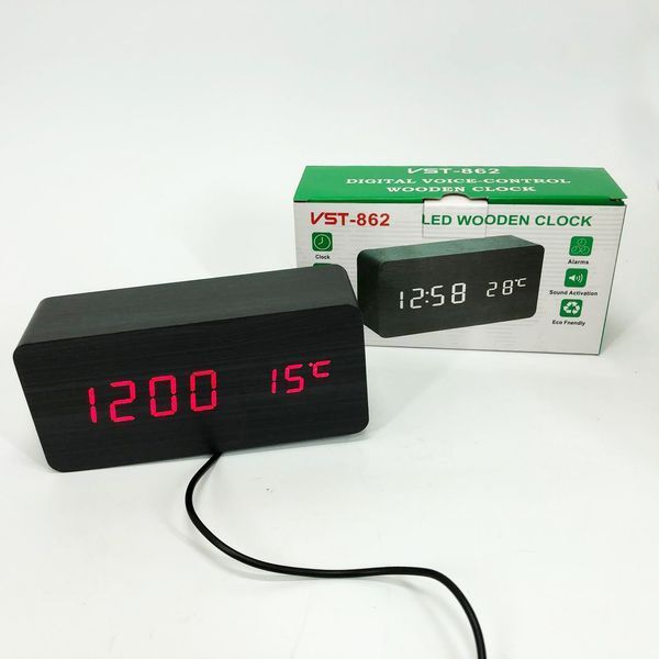 Часы VST-862 черное дерево красная подсветка, Цифровые настольные часы квадратные 00012699 фото