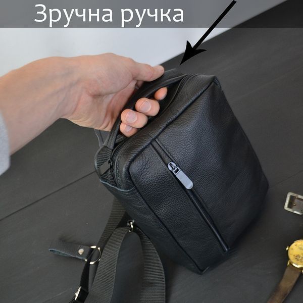 Сумка мужская - кожаная, нагрудная сумка слинг кожаная черная на 3 кармана, мужская сумка на грудь 00018442 фото