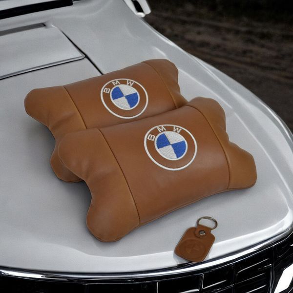 Комплект автоподушек 2шт из натуральной коричневой кожи для BMW. Ортопедическая подушка в авто БМВ 00016732 фото