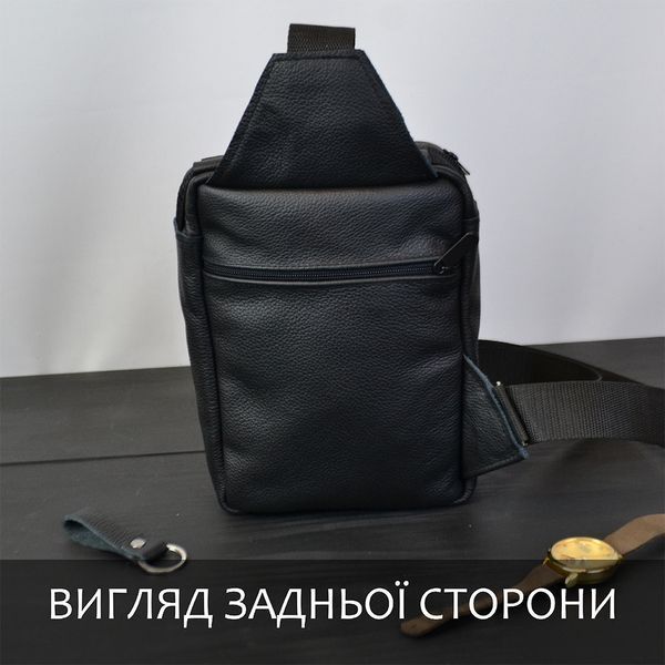Сумка мужская - кожаная, нагрудная сумка слинг кожаная черная на 3 кармана, мужская сумка на грудь 00018442 фото