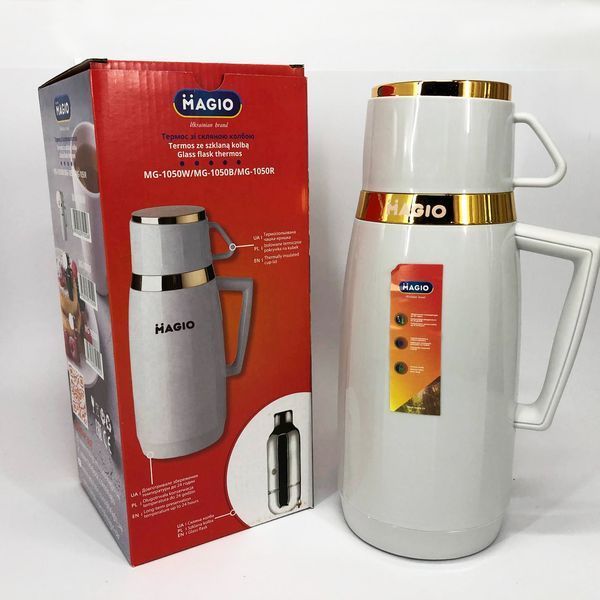 Термос Magio MG-1050W со стеклянной колбой, Хороший небольшой термос, для питьевой воды. Цвет: белый 00018854 фото