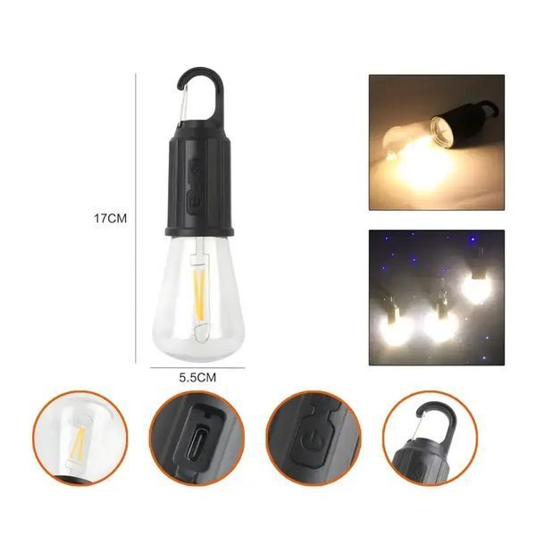 Лампочка з акумулятором + карабін, від USB, BL HK-169C / Підвісна LED лампочка / Ліхтар для кемпінгу 00023675 фото