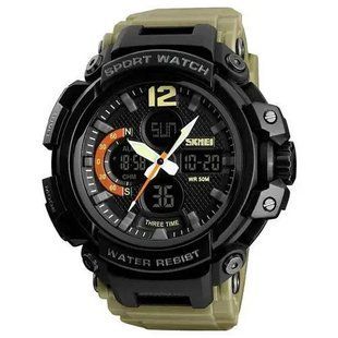 Часы наручные мужские SKMEI 1343KH KHAKI, водостойкие тактические часы. Цвет: хаки 00022035 фото