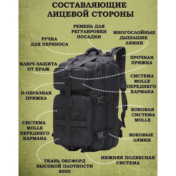 Тактический рюкзак Tactic 1000D для военных, охоты, рыбалки, походов, путешествий и спорта. Цвет: черный 00018454 фото