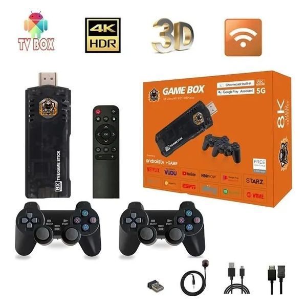 Игровая тв приставка game box 8k 8x m98 smart tv stick 64gb геймстик с геймпадами + 10000 встроенных игр 00017532 фото