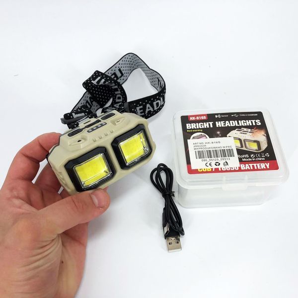 Ліхтар налобний акумуляторний Bailong HX-816S 2COB(white+red) із сенсорним датчиком вологозахист 00023195 фото