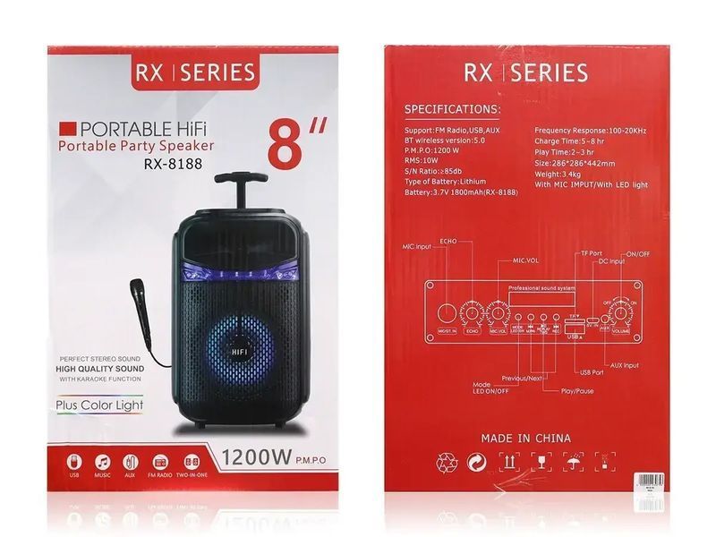 Музыкальная колонка-радио колонка с подсвидетельством BLUETOOTH RX-8188 1200 ВТ с микрофоном 00018040 фото