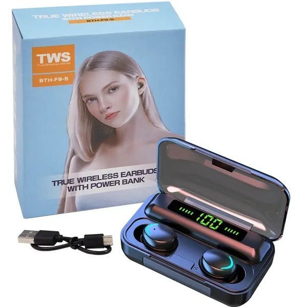 Наушники F9 TWS V5.0 Беспроводные сенсорные Bluetooth с индикатором заряда водонепроницаемые черные (NB-1) 00017398 фото