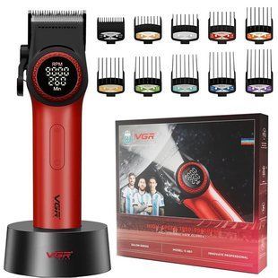 Профессиональная машинка для стрижки волос VGR V-001 RED с дисплеем 9000 об и 10 насадками (1,5-24 мм) 00014825 фото