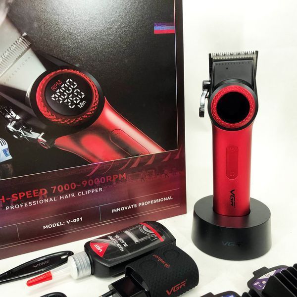 Профессиональная машинка для стрижки волос VGR V-001 RED с дисплеем 9000 об и 10 насадками (1,5-24 мм) 00014825 фото