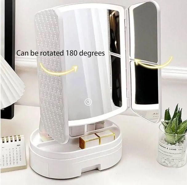 Косметическое тройное зеркало с подсветкой от USB, Зеркало для макияжа сенсорное с подставкой TPSP 00015589 фото
