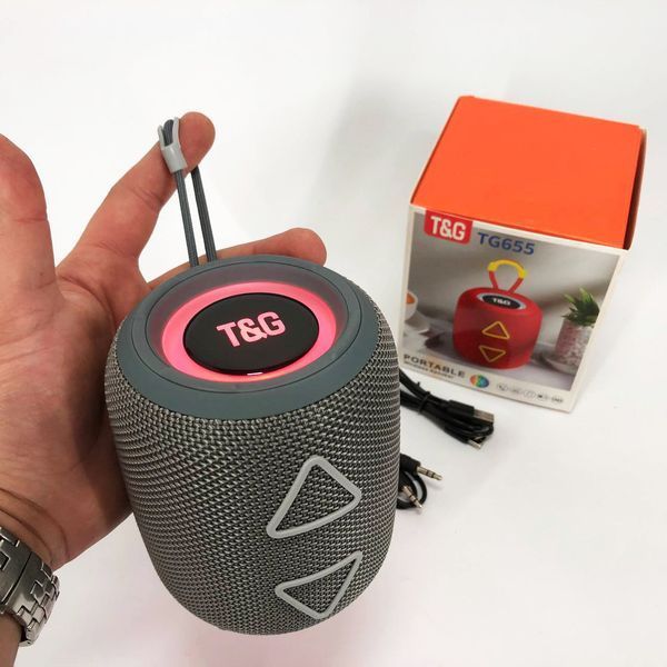 Портативная колонка TG655 5W с RGB подсветкой и ремешком, Громкая блютуз колонка. Цвет: серый 00017236 фото