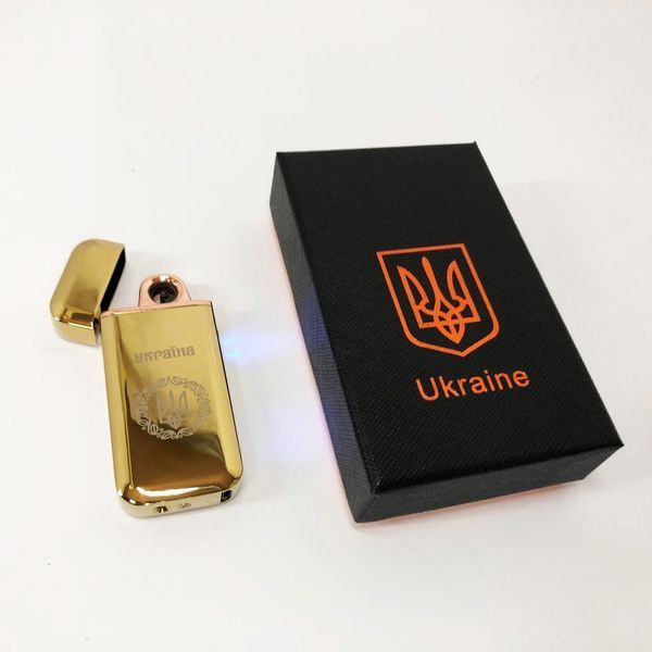 Дуговая электроимпульсная USB зажигалка Герб Украины индикатор заряда, фонарик HL-442. Цвет: золотой 00023413 фото