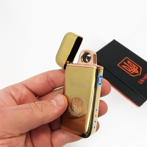 Дуговая электроимпульсная USB зажигалка Герб Украины индикатор заряда, фонарик HL-442. Цвет: золотой 00023413 фото