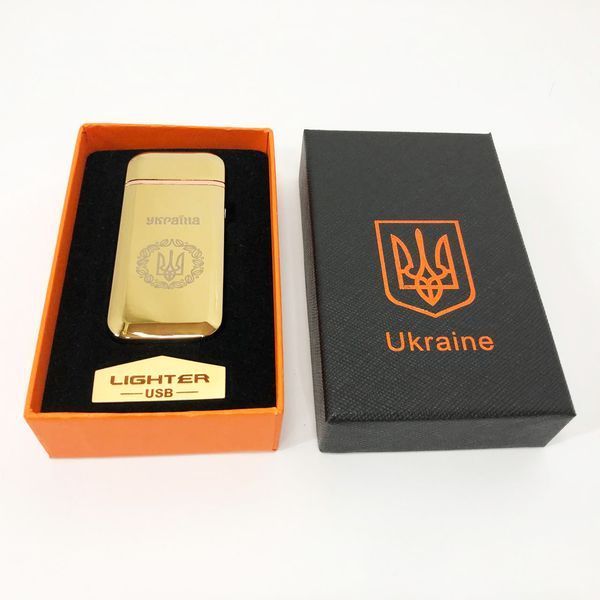 Дуговая электроимпульсная USB зажигалка Герб Украины индикатор заряда, фонарик HL-442. Цвет: золотой 00023413 фото