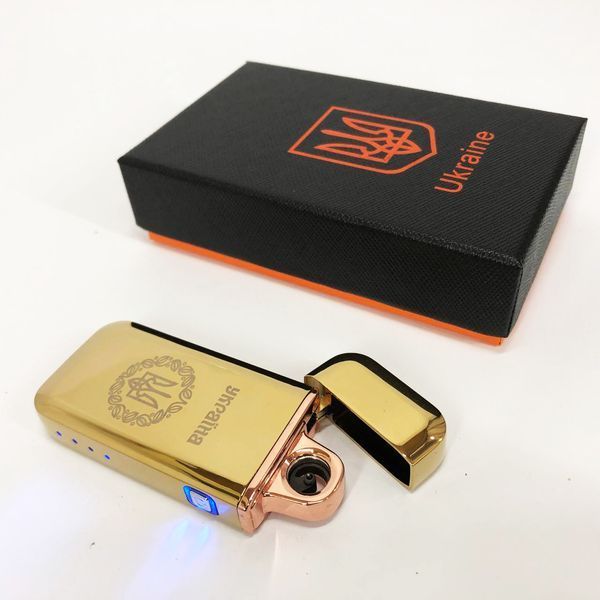 Дуговая электроимпульсная USB зажигалка Герб Украины индикатор заряда, фонарик HL-442. Цвет: золотой 00023413 фото