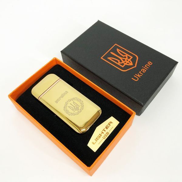 Дуговая электроимпульсная USB зажигалка Герб Украины индикатор заряда, фонарик HL-442. Цвет: золотой 00023413 фото