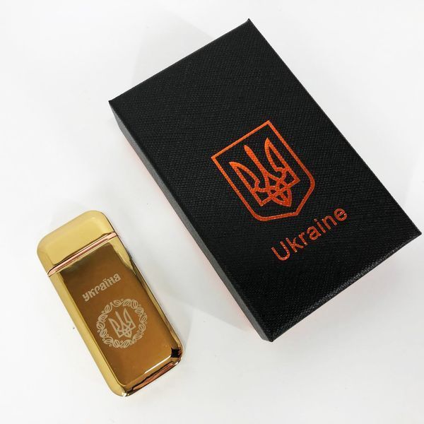 Дуговая электроимпульсная USB зажигалка Герб Украины индикатор заряда, фонарик HL-442. Цвет: золотой 00023413 фото