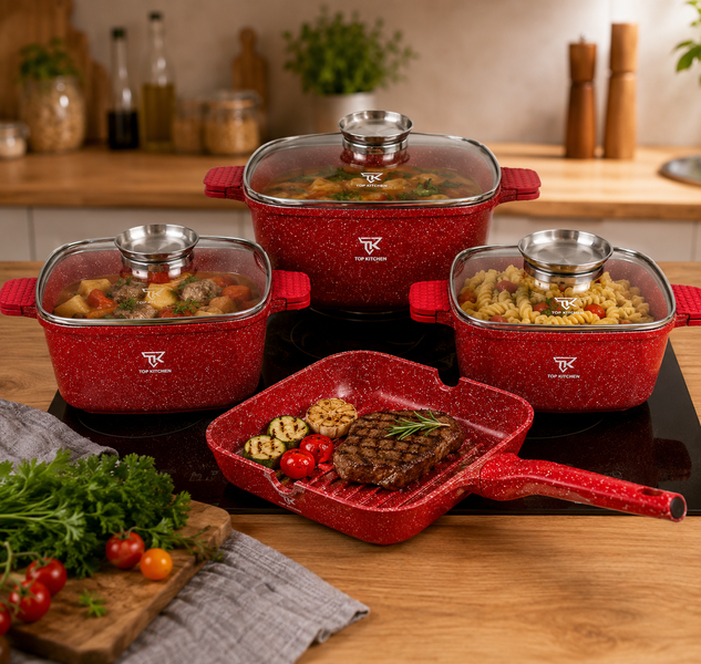 Червоний Набір посуду з гранітним покриттям Top Kitchen TK000103 3 каструлі + сковорода-гриль TК103/2 фото