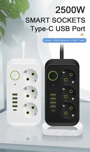 Мережевий фільтр живлення UA Power Socket F09U 3 розетки +4USB +Type-C Port 2m, мережевий подовжувач розеток 00017568 фото