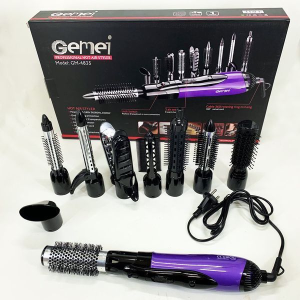 Фен - щітка стайлер Gemei GM-4835 багатофункціональний набір з насадками для волосся 10 в 1. Колір: фіолет 00014977 фото