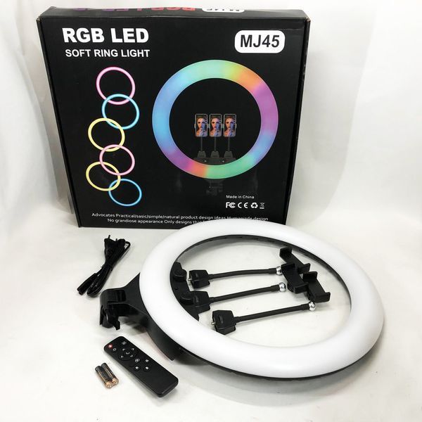 Кольцевая LED лампа RGB MJ45 Ring 45 см комплектация адаптер со встроенным кабелем, держатели для телефона, пульт 00023199 фото