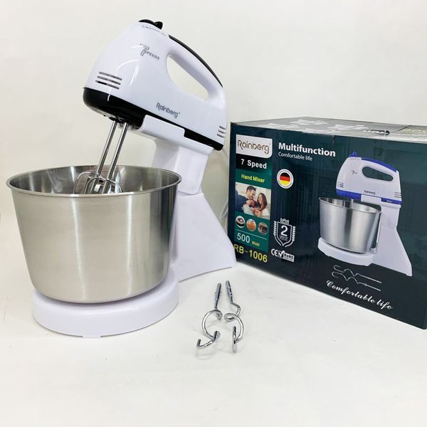Стационарный электрический миксер с чашей Rainberg RB-1006 500W с насадками для замешивания теста Black 00020129 фото
