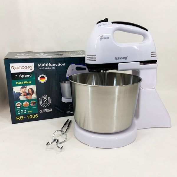 Стационарный электрический миксер с чашей Rainberg RB-1006 500W с насадками для замешивания теста Black 00020129 фото