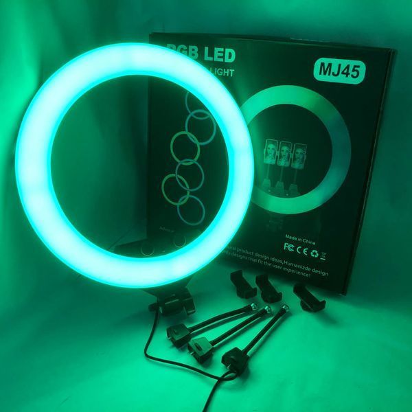 Кольцевая LED лампа RGB MJ45 Ring 45 см комплектация адаптер со встроенным кабелем, держатели для телефона, пульт 00023199 фото
