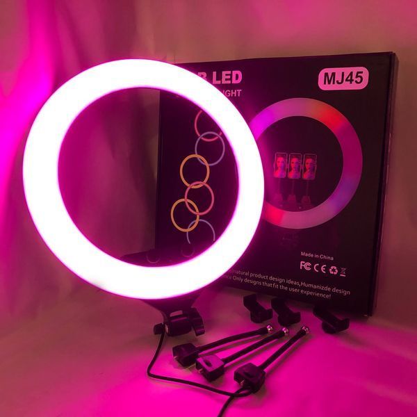 Кольцевая LED лампа RGB MJ45 Ring 45 см комплектация адаптер со встроенным кабелем, держатели для телефона, пульт 00023199 фото