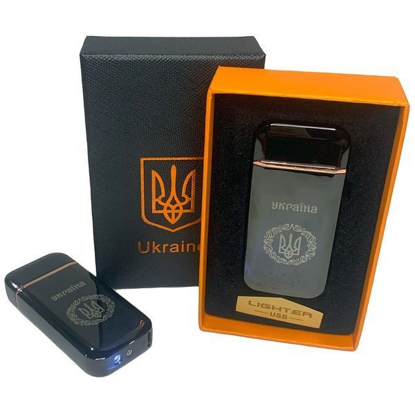 Дугова електроімпульсна запальничка USB Герб України (індикатор заряду, ліхтарик) HL-442. Колір чорний 00023025 фото