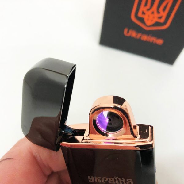 Дугова електроімпульсна запальничка USB Герб України (індикатор заряду, ліхтарик) HL-442. Колір чорний 00023025 фото